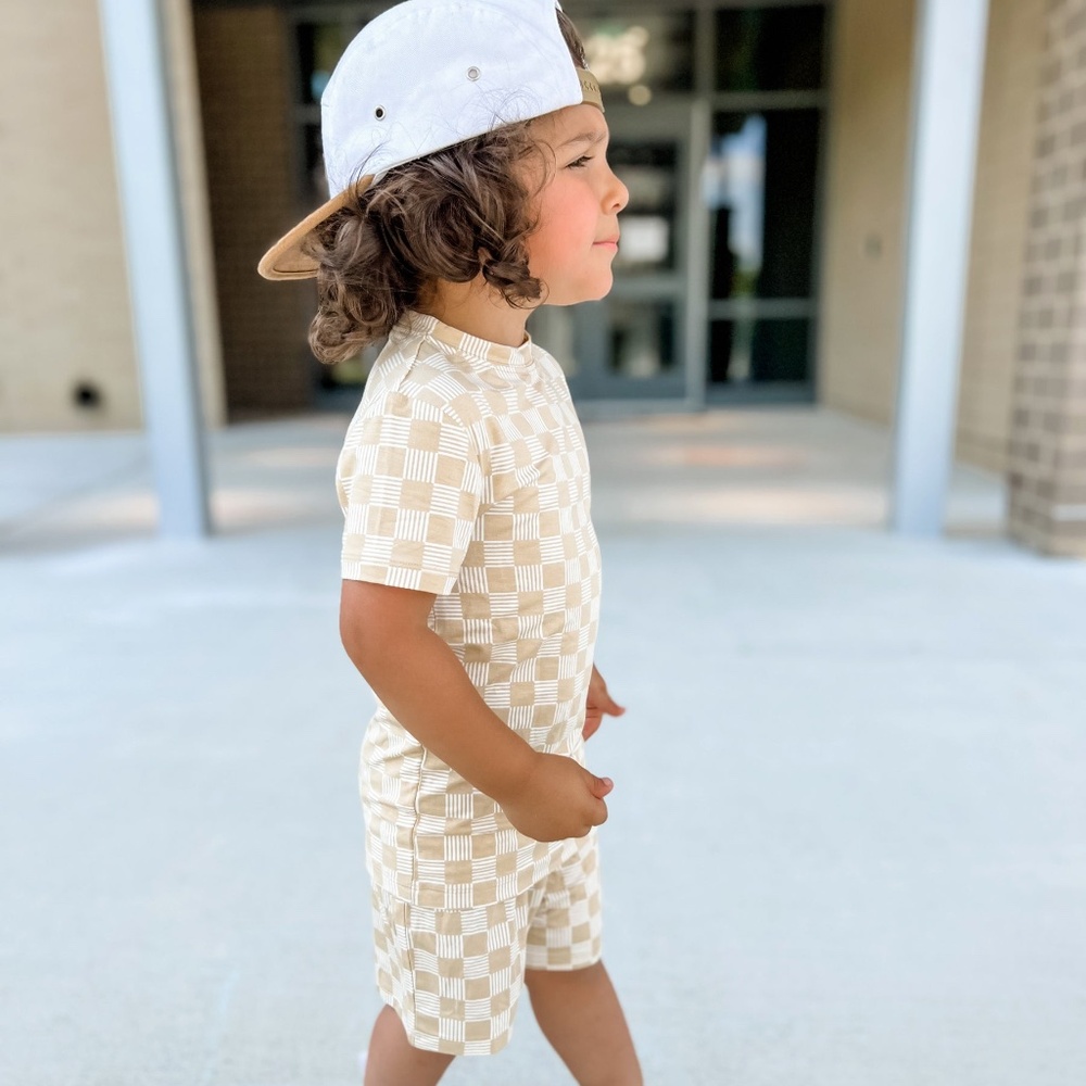 Brave Little Ones Checkered Lines Shorts Set 12–18 Months Bamboo NWT/NIB